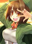  :d \m/ bad_id bad_pixiv_id beret bow breasts brooch brown_hair cape hat jewelry large_breasts lord_of_walkure open_mouth short_hair smile solo sunset sword_of_spring_wind_miu v_over_eye yamatatuo yellow_eyes 