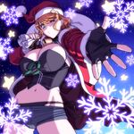  black_gloves blonde_hair blue_eyes breasts christmas dungeons_&amp;_princess fingerless_gloves gigantic_breasts gloves hat looking_at_viewer magaki_ryouta midriff navel one_eye_closed santa_costume santa_hat solo 