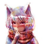 animal_ears autumn_leaves blush inubashiri_momiji leaf pops red_eyes scarf short_hair silver_hair simple_background solo touhou white_background wolf_ears 