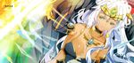  breasts cleavage dark_angel_metatron_(p&amp;d) elbow_gloves gloves green_eyes heco_(mama) large_breasts long_hair puzzle_&amp;_dragons solo white_hair 