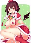  alternate_costume bell bikini bikini_pull black_hair blush boots breasts capelet christmas cleavage covered_nipples hat large_breasts looking_at_viewer mikan_(bananoha) open_mouth red_eyes shameimaru_aya solo swimsuit tears tokin_hat touhou 