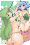  ass blue_eyes blue_hair breasts clenched_teeth convenient_censoring covering covering_breasts frog_hair_ornament fundoshi green_background green_eyes green_hair hair_bobbles hair_ornament hat hat_removed headwear_removed highres japanese_clothes kawashiro_nitori kei_jiei kochiya_sanae large_breasts long_hair looking_at_viewer multiple_girls short_hair sideboob snake_hair_ornament star teeth topless touhou two_side_up underwear underwear_only 