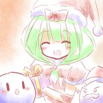  blush bow gift green_hair hair_bow hat kagiyama_hina kedama lowres santa_costume santa_hat smile solo tilde_(ice_cube) touhou 