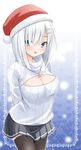  alternate_costume alternate_legwear black_legwear blue_eyes blush breasts cleavage cleavage_cutout fujishima_shinnosuke hair_ornament hair_over_one_eye hairclip hamakaze_(kantai_collection) highres kantai_collection large_breasts looking_at_viewer md5_mismatch meme_attire open-chest_sweater open_mouth ribbed_sweater short_hair silver_hair skirt solo sweater thighhighs turtleneck 