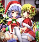  alternate_costume blonde_hair blush capelet chimney christmas_tree clock collarbone deeshima dress flandre_scarlet hat highres indoors lavender_hair looking_at_viewer multiple_girls off_shoulder red_dress red_eyes remilia_scarlet santa_costume santa_hat short_dress short_hair siblings sisters sitting thighhighs thighs touhou white_legwear 