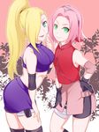  2girls armband bare_shoulders bike_shorts black_gloves blonde_hair blue_eyes female gloves green_eyes hair_over_one_eye haruno_sakura highres looking_at_viewer midriff multiple_girls naruto pink_hair ponytail shipu_(gassyumaron) short_hair sleeveless thighhighs yamanaka_ino zipper 