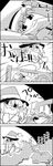  4koma =_= =d antlers broom broom_riding c: comic commentary fake_facial_hair fake_mustache gameplay_mechanics greyscale hat highres kirisame_marisa long_hair mob_cap monochrome open_mouth patchouli_knowledge riding santa_hat scarf sleeping star tani_takeshi touhou translated yukkuri_shiteitte_ne |_| 