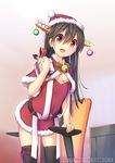  :d artist_name bangs bell belt belt_buckle black_hair black_legwear blush bow box breasts brown_eyes buckle chair christmas christmas_lights christmas_ornaments dress fur_trim gift gift_box hair_ornament haruna_(kantai_collection) hat holding holding_gift kantai_collection kuro-kun_(nablack) long_hair looking_at_viewer low-cut office_chair open_mouth ornament santa_costume santa_hat sideboob simple_background small_breasts smile solo thighhighs v-neck zettai_ryouiki 