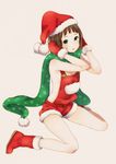  bangs bare_shoulders blunt_bangs blush boots brown_hair fur_trim green_eyes green_scarf hands_on_own_head hat looking_at_viewer mittens mizutamako naked_overalls no_bra open_mouth original overalls pom_pom_(clothes) red_footwear santa_costume santa_hat scarf short_hair shorts simple_background sitting solo star star_print suspenders wariza white_background 