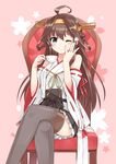  ;) ahoge bangs bare_shoulders blush brown_hair brown_legwear chair closed_mouth crossed_legs cup detached_sleeves double_bun frilled_skirt frills grey_eyes hairband headgear heart jewelry kamoto_tatsuya kantai_collection kongou_(kantai_collection) long_hair looking_at_viewer nontraditional_miko one_eye_closed pink_background ribbon-trimmed_sleeves ribbon_trim ring sash sitting skirt smile solo teacup thighhighs wedding_band 