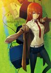  belt black_legwear brown_hair computer cover cover_page highres huke jacket legwear_under_shorts long_hair makise_kurisu necktie official_art outstretched_arms pantyhose purple_eyes red_neckwear short_shorts shorts sleeves_past_wrists solo spread_arms steins;gate television 