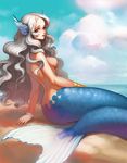  arm_support back beach blue_eyes blue_sky bracelet breasts byam cloud day head_fins jewelry looking_at_viewer looking_to_the_side medium_breasts mermaid monster_girl nipples ocean original outdoors sky solo topless wavy_hair white_hair 