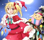  alternate_costume asymmetrical_hair blonde_hair blush capelet christmas christmas_tree flandre_scarlet hachimi hat highres long_sleeves looking_at_viewer red_capelet red_eyes santa_costume santa_hat short_hair side_ponytail smile solo touhou 