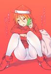  alternate_costume amagi_brilliant_park blonde_hair blush boots breasts bubuzuke cellphone christmas cleavage cleavage_cutout fang gradient_hair hat medium_breasts meme_attire multicolored_hair open-chest_sweater open_mouth pantyhose phone red_eyes red_hair ribbed_sweater sack salama_(amaburi) santa_hat short_hair simple_background solo sweater translation_request turtleneck two-tone_hair white_legwear 
