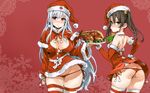  asanagi ass bare_shoulders black_hair blush breasts brown_eyes butt_crack buttons capelet christmas cleavage covered_nipples detached_collar elbow_gloves fingerless_gloves flat_ass food gloves hat highres kantai_collection large_breasts long_hair looking_at_viewer lowleg lowleg_panties multiple_girls panties partially_visible_vulva plate red_eyes red_gloves red_panties santa_costume santa_hat shoukaku_(kantai_collection) side-tie_panties silver_hair skindentation smile striped striped_legwear thighhighs thighs turkey_(food) twintails underwear zuikaku_(kantai_collection) 