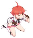  ahoge bad_id bad_pixiv_id braid candy cross_ange fingerless_gloves food gloves grin kneehighs lollipop mouth_hold one_eye_closed paw_pose red_hair shiwashiwa_no_kinchakubukuru short_hair short_sleeves shorts single_braid smile solo teeth vivian_(cross_ange) white_background white_legwear yellow_eyes 