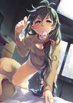  blush breasts cleavage cleavage_cutout commentary_request condom condom_in_mouth cum ganaha_hibiki green_eyes green_hair idolmaster idolmaster_(classic) long_hair looking_at_viewer medium_breasts meme_attire mouth_hold open-chest_sweater ponytail pussy_juice soine solo sweater turtleneck used_condom 