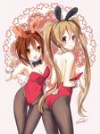  :d alternate_costume animal_ears ass bad_id bad_pixiv_id brown_eyes brown_hair bunny_ears bunnysuit fake_animal_ears kantai_collection kemonomimi_mode long_hair looking_at_viewer multiple_girls murasame_(kantai_collection) nunucco open_mouth pantyhose shiratsuyu_(kantai_collection) short_hair smile twintails wrist_cuffs 