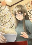  akemiho_tabi_nikki black_eyes bowl brown_hair christmas egg fluorescent_lamp food glasses indoors kouno_hikaru long_hair long_sleeves noodles open_mouth oribe_shiori ramen ribbed_sweater sidelocks solo star sweater turtleneck 