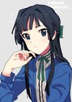  1girl black_hair blue_eyes bust character_name grey_background highres idolmaster idolmaster_cinderella_girls long_hair looking_at_viewer mogami_shizuka solo upper_body yomosaka 