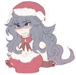  1girl @_@ blush breasts christmas cleavage hat hex_maniac_(pokemon) npc_trainer pokemon purple_eyes purple_hair santa_costume santa_hat 