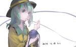  1girl dated eyeball green_eyes green_hair hat hat_ribbon komeiji_koishi long_sleeves namauni needle ribbon sewing shirt short_hair simple_background solo string third_eye thread touhou white_background wide_sleeves 