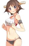  :d anchor_symbol armband blue_eyes brown_hair hairband hiei_(kantai_collection) highres kantai_collection looking_at_viewer metindone midriff navel open_mouth shiny shiny_skin short_hair smile solo sports_bikini sports_bra sportswear volleyball_uniform 
