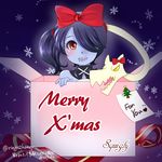  1girl christmas detached_collar hair_over_one_eye leviathan_(skullgirls) ribbon ringo_tou_hachimitsu side_ponytail skullgirls snow squigly_(skullgirls) stitched_mouth zombie 