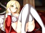  2014 blonde_hair blush bra breasts cleavage couch dated frilled_pillow frills gakuen_butou_no_folklore jougen large_breasts long_hair open_clothes panties pillow santa_costume signature smile solo thighhighs underwear white_bra white_legwear white_panties yellow_eyes 
