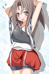  adjusting_hair arms_up aruka_(alka_p1) blush brown_eyes brown_hair hachimaki headband kantai_collection long_hair muneate open_mouth ponytail shorts solo tying_hair zuihou_(kantai_collection) 