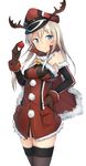  absurdres adapted_costume bismarck_(kantai_collection) black_legwear blonde_hair blue_eyes blush breasts capelet cowboy_shot detached_sleeves fur_trim hand_on_hip hat highres kantai_collection long_hair medium_breasts metindone santa_costume simple_background smile solo thighhighs white_background zettai_ryouiki 