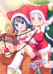  2girls :d =_= all_fours animal_costume animal_ears antlers black_hair blue_eyes brown_eyes brown_hair cat_tail choker christmas collaboration d: deer_ears fake_animal_ears fang hairband hat kuu_(mani) long_hair looking_at_viewer multiple_girls open_mouth original piyodera_mucha reindeer_antlers reindeer_costume reindeer_ears riding santa_costume santa_hat shii_(mani) silver_hair sitting sitting_on_person smile tail tears translated usashiro_mani v-shaped_eyebrows 