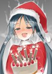  aqua_eyes aura birthday birthday_cake black_hair blush cake candle christmas commentary_request fang fire food francesca_lucchini fruit fur_trim hat long_hair santa_costume santa_hat solo strawberry strike_witches twintails very_long_hair world_witches_series yuzuyoukan 