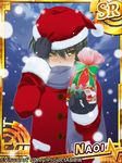  angel_beats! card_(medium) gift gloves green_hair hat ikeda_jun_(aquaqua) male_focus naoi_ayato santa_costume santa_hat scarf solo yellow_eyes 