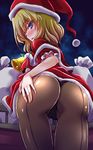  alice_margatroid alternate_costume ass back-seamed_legwear bell bent_over black_legwear black_panties blonde_hair blue_eyes blush christmas fat_mons from_behind hand_on_own_ass hat highres looking_at_viewer looking_back open_mouth panties panties_over_pantyhose pantyhose presenting sack santa_costume santa_hat seamed_legwear short_hair solo thigh_gap thighs touhou underwear yamu_(reverse_noise) 