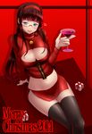  2014 blue_eyes blush breasts brown_hair christmas cleavage glasses highres large_breasts long_hair meme_attire merry_christmas navel open-chest_sweater original revision ribbed_sweater smile solo sweater taru_neko 