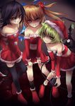  alternate_costume arai_togami asymmetrical_wings bare_shoulders black_hair black_legwear blonde_hair christmas collarbone elbow_gloves evil_grin evil_smile eyeball flandre_scarlet flat_chest full_body gloves green_eyes grin hat highres houjuu_nue kneehighs komeiji_koishi laevatein leaning_forward looking_at_viewer midriff miniskirt multiple_girls navel parted_lips red_eyes santa_costume santa_hat shaded_face short_hair side_ponytail skirt sleeveless smile thighhighs touhou wings 