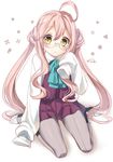  ahoge bad_id bad_pixiv_id blush double_bun glasses grey_legwear jpeg_artifacts kantai_collection long_hair looking_at_viewer makigumo_(kantai_collection) nunucco pantyhose pink_hair revision school_uniform signature sitting sleeves_past_fingers sleeves_past_wrists solo twintails very_long_hair wariza yellow_eyes 