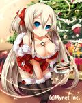  arutoria blue_eyes blush breasts christmas cleavage falkyrie_no_monshou huge_breasts looking_at_viewer official_art santa_costume silver_hair smile solo 