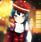  bangs black_eyes black_hair blurry depth_of_field hand_on_own_cheek hand_on_own_face hat light_smile long_hair looking_at_viewer lpip mittens original scarf smile snowing solo tsurime white_scarf 