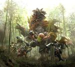  1girl 3d bamboo bamboo_forest felyne forest highres monster monster_hunter monster_hunter_frontier nature sword thighhighs twintails weapon 