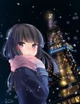  alternate_costume bad_id bad_pixiv_id bangs black_eyes black_hair blunt_bangs coat hatsuyuki_(kantai_collection) kantai_collection long_hair looking_at_viewer nunucco scarf solo tokyo_tower winter_clothes winter_coat 