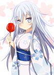  alternate_costume aruka_(alka_p1) candy_apple food hibiki_(kantai_collection) japanese_clothes kantai_collection kimono long_hair looking_at_viewer no_hat no_headwear silver_eyes silver_hair solo wide_sleeves yukata 