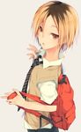  backpack bag blonde_hair blurry brown_hair depth_of_field haikyuu!! kozume_kenma male_focus multicolored_hair mzyk necktie open_mouth school_uniform simple_background solo sweater_vest two-tone_hair yellow_eyes 