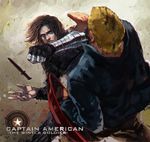  battle blonde_hair blue_jacket brown_hair captain_america_the_winter_soldier copyright_name cyborg duel freer jacket james_buchanan_barnes knife marvel mechanical_arm multiple_boys punching shield star steve_rogers winter_soldier 