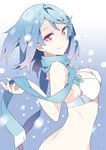  blue_hair blue_scarf bra breasts from_side haruse_hiroki looking_at_viewer medium_breasts original red_eyes scarf short_hair smile snowing solo underwear upper_body white_bra 