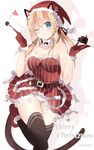  animal_ears blonde_hair blue_eyes breasts cat_ears cat_tail christmas cleavage dress fake_animal_ears gloves hair_ornament hair_ribbon hat heart kantai_collection large_breasts long_hair looking_at_viewer merry_christmas mousse_(food) one_eye_closed panties pantyshot prinz_eugen_(kantai_collection) red_gloves ribbon santa_hat shijima_(sjmr02) smile solo tail thighhighs twintails underwear white_panties 