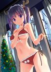  antlers bikini bikini_pull blush breasts christmas_tree kakuno medium_breasts navel original purple_hair red_bikini short_hair side-tie_bikini smile solo swimsuit twintails 