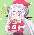  1girl bad_id bad_pixiv_id blush blush_stickers butterfly_hair_ornament chaika_trabant chicken_(food) eating eyebrows food food_in_mouth green_background hair_ornament hairband hat hitsugi_no_chaika lolita_hairband long_hair purple_eyes santa_costume santa_hat silver_hair solo star star-shaped_pupils symbol-shaped_pupils touge_hiro white_hair 