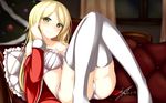  2014 absurdres blonde_hair blush bra breasts cleavage couch dated frilled_pillow frills gakuen_butou_no_folklore highres jougen large_breasts long_hair open_clothes panties pillow santa_costume signature smile solo thighhighs underwear white_bra white_legwear white_panties yellow_eyes 
